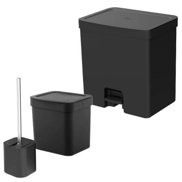 Imagem de Lixeiras para Banheiro e Cozinha e Escova Sanitária Preta 20L e 2,5L 3 Peças  - Ou