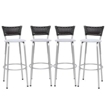 Imagem de Banqueta Altas Junco Preto Estrutura Prata 70cm Para Balcão Cozinha, Bar, Bistrô, Americano Kit 04 Unidades - Itagold (Assento Branco)