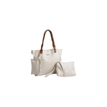 Imagem de Kit 3 Peças Bolsa Feminina em Couro Sintético, Branca com Alça Caramelo, Estilo Tote, Bolsa Grande 43x30x11cm, Bolsa Média Transversal e Necessaire