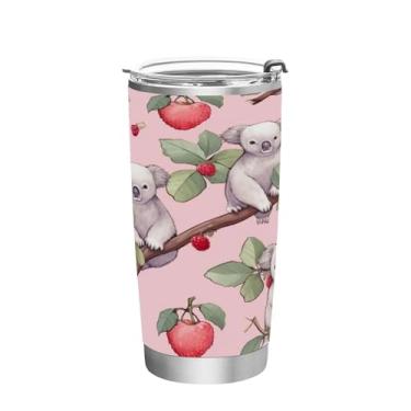 Imagem de Blueangle Copo de 590 ml com tampa e canudo, copo térmico de aço inoxidável isolado a vácuo, caneca térmica pequena de coala morangos para bebidas quentes e frias (236)