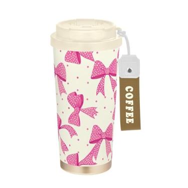 Imagem de SEHANY Linda caneca de viagem rosa com laço de bolinhas 482 g Copos de café reutilizáveis revestidos de cerâmica com tampa à prova de vazamento, parede dupla, isolamento a vácuo, copo de café de aço
