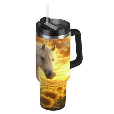 Imagem de SEHANY Copo Majestic Horse 1,134 g com tampa e canudo, aço inoxidável de vácuo duplo isolado garrafa de água esportiva suporte para copo de café de viagem à prova de vazamento para bebida gelada
