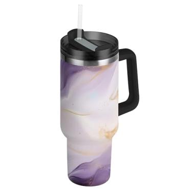 Imagem de SEHANY Copo de mármore roxo de 1,134 g com tampa e canudo, aço inoxidável de vácuo duplo isolado garrafa de água esportiva suporte para copo de café de viagem à prova de vazamento para bebida gelada