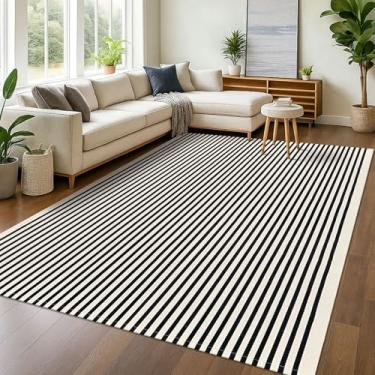 Imagem de KOZYFLY Tapete listrado preto e bege 2,5 x 3,5 m tapete lavável interior exterior tapete de algodão tapetes de pátio ao ar livre tapetes de fazenda para sala de estar tapete para sala de estar pátio