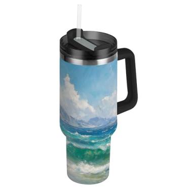 Imagem de Blueangle Copo de pintura a óleo do oceano tropical de 1,134 g com alça e tampa de palha, caneca de viagem de aço inoxidável isolada a vácuo de parede dupla, garrafa de água reutilizável para academia