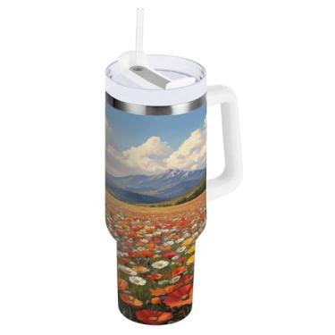 Imagem de ATTX Copo vintage de pintura a óleo de flores silvestres de 1,134 g com alça, copo de aço inoxidável a vácuo de parede dupla com palha, caneca de café de viagem isolada #83
