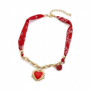 Imagem de NOVYRA Colar gargantilha feminina com pingente de coração para dia dos namorados, cachecol vermelho, pingente de coração, acessórios de joias para festas de fim de ano, acessórios para mulheres