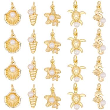 Imagem de Beebeecraft 1 caixa, 20 peças, pingentes de praia de verão para fabricação de joias, latão banhado a ouro 18 K, com imitação de ABS, cavalo marinho, concha, estrela-do-mar, formato de tartaruga