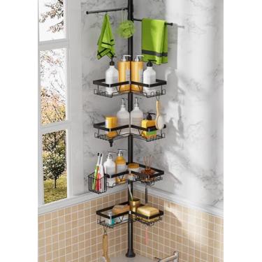 Imagem de DAOYA Canto de suporte de chuveiro com haste de tensão - Suporte de chuveiro com 2 barras de toalha e suporte de escova de dentes, organizadores de banheira pretos e canto de armazenamento de aço