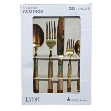 Imagem de Faqueiro 30 Peças Grécia Dourado Aço Inox Lyor
