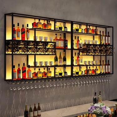 Imagem de Rack de vinho industrial grande montado na parede com luzes LED, prateleiras de bar flutuante, prateleira de exibição de garrafa de licor que economiza espaço e suporte de taça de vinho, design