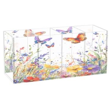 Imagem de Burbuja Porta-canetas de acrílico Wildflowers Butterflies com 4 compartimentos, suporte de lápis transparente para pincéis de maquiagem fixos, acessórios de mesa de escritório em casa