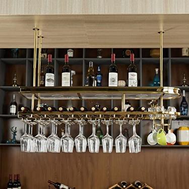 Imagem de Suporte de armazenamento de vinho para exibição vintage, rack de vidro de vinho de teto, gancho de armazenamento de óculos industrial, suporte de garrafa de vinho ajustável montado na parede economiza