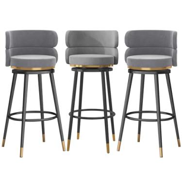 Imagem de Conjunto de 3 bancos de bar, cadeiras giratórias acolchoadas para café da manhã com encosto e pernas de metal dourado, bancos de jantar com encosto alto 65 cm A para balcão de cozinha em casa, cinza