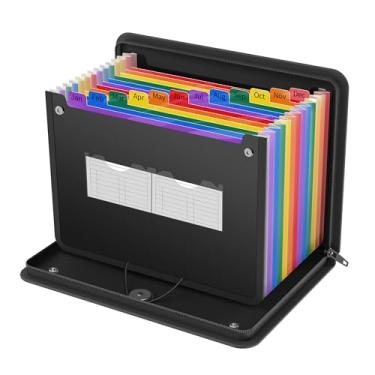 Imagem de Noiposi Organizador de arquivos sanfonado à prova de fogo, pasta de arquivos expansível com 13 bolsos com zíper e etiquetas, pasta organizadora de documentos de recibo de papel mensal para arquivos de