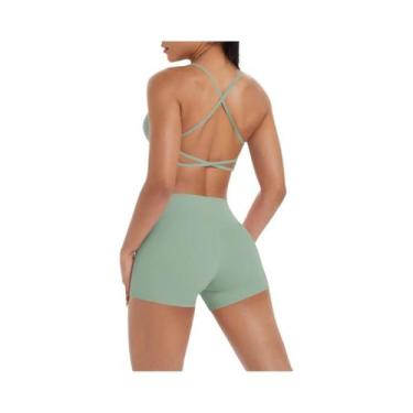 Imagem de Conjunto De Yoga Feminino De Cintura Alta Com Top Halter E Shorts De T