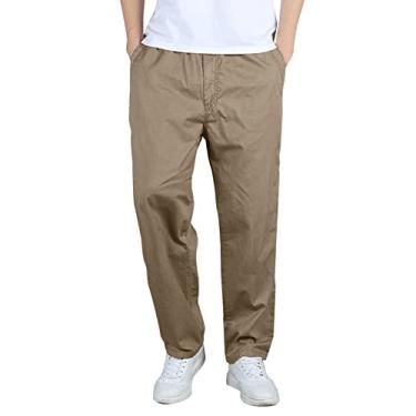 Imagem de Moda masculina casual solta algodão plus size bolso cadarço cintura elástica calças calças bonitas, Caqui, 4G