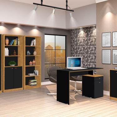 Imagem de Conjunto Home Office 5 Peças 1 Escrivaninha 120cm 1 Balcão 2 Estantes 1 Armário J&A Móveis Marrom/Preto