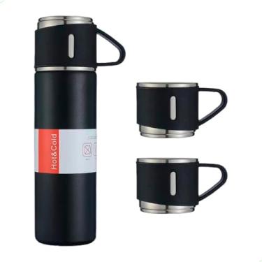 Imagem de Garrafa Térmica Inox 500ml Com 3 Xícaras Ideal Para Café Chá Bebidas Quentes E Frias Perfeita Para Camping Viagem Trabalho Escritório Passeios Pesca Piquenique Lanche Ao Ar Livre (Preto)