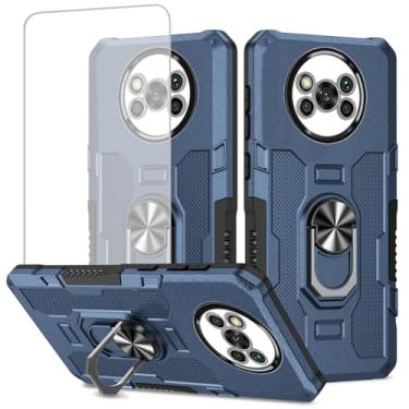 Imagem de Ueokeird Capa para Poco X3 NFC/Poco X3 Pro/Poco X3, Capa M2007J20CG com protetor de tela de vidro temperado, anel de metal resistente, suporte magnético para celular Xiaomi Poco X3 NFC azul