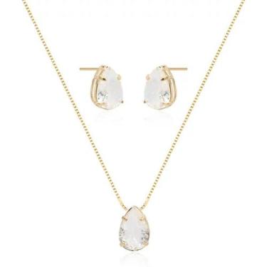 Imagem de Conjunto Colar e Brincos com Zircônia Gota cristal Cravejada Folheado 