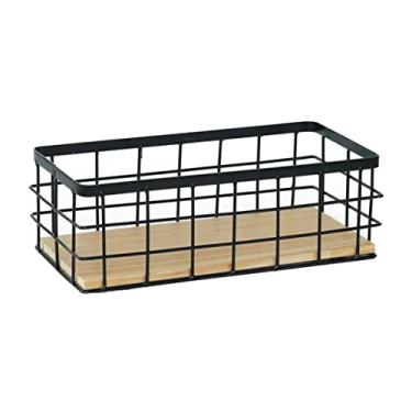 Imagem de Cestas de armazenamento empilháveis de metal, bandeja de armazenamento montada na parede, caixas organizadoras de quarto com base de madeira 29 x 13 x 10 cm