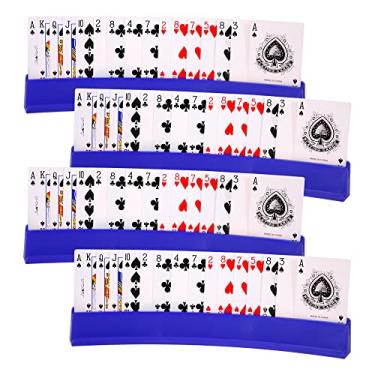 Imagem de Nautical Beach Decor (conjunto de 4) Porta-cartas de baralho para crianças idosas, suporte de dominó, porta-cartões de plástico mãos livres para canasta, festas de pôquer, dominó (azul)