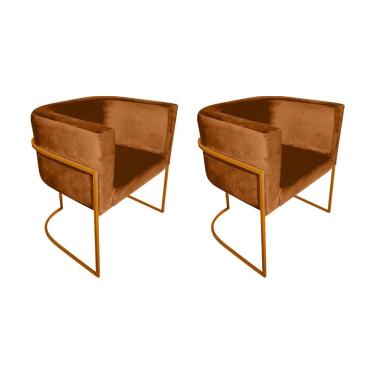 Imagem de Kit 2 Cadeiras De Jantar Premium Base De Ferro Cobre Veludo Terracota Laranja