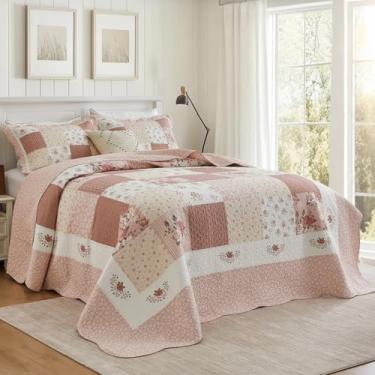 Imagem de SOElinens Colchas King extragrandes 128 x 120 extra largas - Conjunto de colcha de edredom California King reversível xadrez country, 3 peças, leve, fino, conjunto de edredom Cal King, rosa/bege