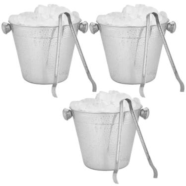 Imagem de Kit com 3 Balde De Gelo 1 Litro em Inox Baldinho 12cm Com Alças e Pinça Pegador de Gelo Whisky Drinks