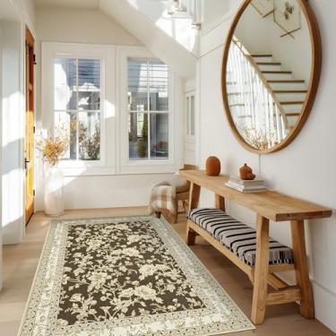 Imagem de Tapetes de área com estampa floral marrom para quarto, sala de estar, boho, casa de fazenda, rústico, sala de jantar, tapetes macios e laváveis, revestimento antiderrapante para berçário, sala de