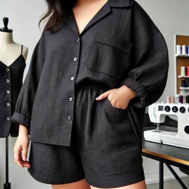 Imagem de Conjunto Feminino Camisa e Short Manga Longa Plus Size Tamanho Grande 
