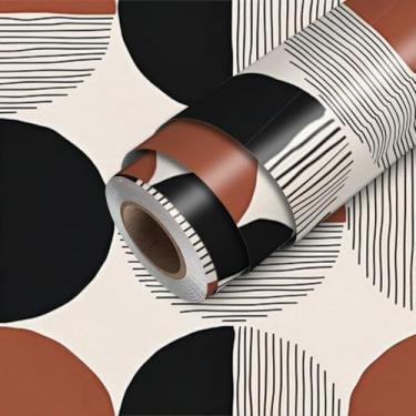 Imagem de HOMETITUTE Papel de parede geométrico preto terracota peeling e cole meio círculo padrão papel de parede bastão de papel de parede 300 cm x 45 cm cobertura de parede de vinil autoadesivo para sala de