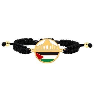 Imagem de JunyiDIY Pulseira com símbolo da mesquita Al-Aqsa, bandeira palestina, cordão de tecido preto, fé islâmica, identidade cultural e joia de unidade para homens e mulheres, Adjustable, Poliéster, Sem
