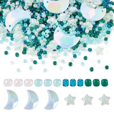 Imagem de Spritewelry Kits de pulseiras de contas DIY 60 g contas de semente de vidro verde 20 peças arco-íris iridescente acrílico lua pingentes 25 peças contas de acrílico para fazer joias faça você mesmo