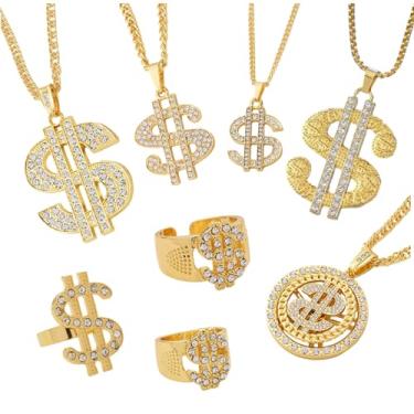 Imagem de Xerteam Pacote com 8 anéis de corrente de símbolo de dólar de ouro falso para conjunto de fantasias de hip hop dos anos 80, colar de corrente de dinheiro falsa, joias de rapper, acessórios de fantasia