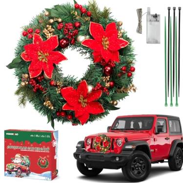 Imagem de Guirlanda de carro de Natal iluminada, guirlanda de carro artificial de LED de 33 cm com flor de poinsétia, frutas vermelhas e bola dourada para churrasqueira dianteira, decoração de guirlanda de