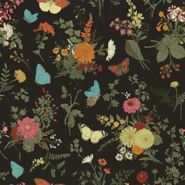 Imagem de VEELIKE Dark Cottage Papel de parede floral floral vintage borboletas papel de parede floral para quarto casa de fazenda 17,7 x 354 polegadas autoadesivo preto botânico papel de parede flor para