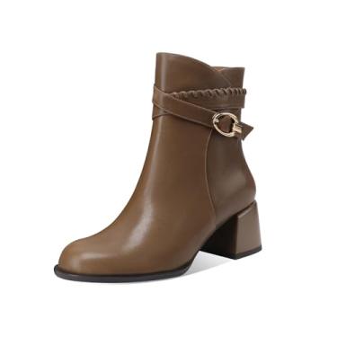 Imagem de TinaCus Bota feminina de couro genuíno com bico redondo no tornozelo, feita à mão, fivela e salto grosso com zíper, Marrom, 39