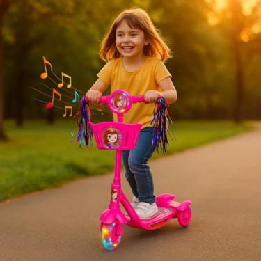 Imagem de Patinete 3 Rodas Dobrável Som Luz LED 35kg | Patinete Infantil Cestinha Freio Presente Menina Rosa Azul (Azul)