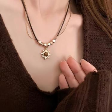 Imagem de Colar vintage com pingente de olho de tigre de girassol dourado para mulheres, suéter retrô de camada dupla, joia para presente