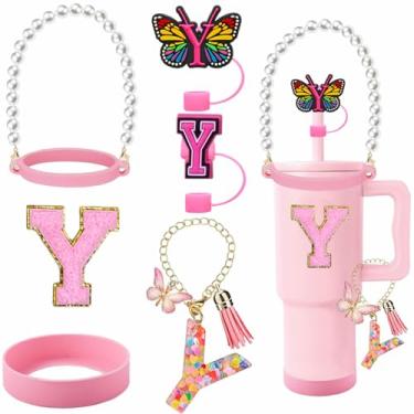 Imagem de RNFVJH 7 peças de acessórios de copo para garrafa de água Stanley alça alça de alça de 0,8 cm carta palha capa de silicone alça inicial pingente adesivo de letra para copo de 30 e 1,134 g com alça