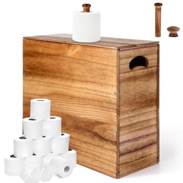 Imagem de Bokon Suporte de papel higiênico de madeira 32L com tampa e alça, impermeável e à prova de mofo - Mega capacidade, organizador de papéis higiênicos para banheiro, suporte para 9 a 12 rolos, acessórios