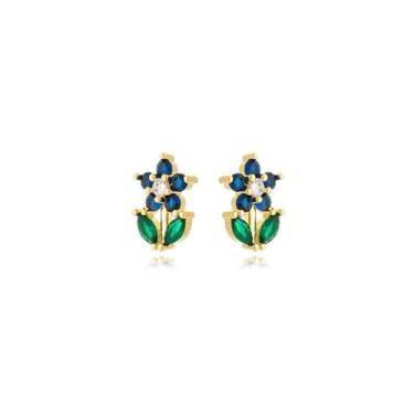 Imagem de Brinco Flor Azul Feminina Banhada a Ouro 18k - Atraktiva Joias, 1,3cm