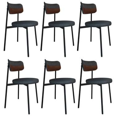 Imagem de Cadeira De Jantar Estofada Kit 6 Nyka M25 Linho Grafite/marrom - Mpozenato