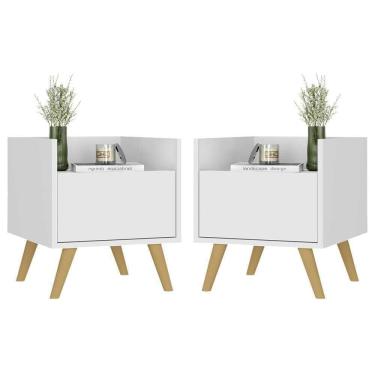 Imagem de Kit Com 2 Mesas De Cabeceira 40Cm Retrô Multimóveis V4044 Branca/Natural Branco/Natural