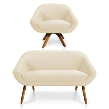 Imagem de Kit 01 Namoradeira 02 Lugares E 01 Poltrona Giratória Giovana Veludo Base Madeira Bege