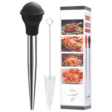 Imagem de Baster de peru longo, ARRITZ Baster de aço inoxidável para cozinhar com escova de limpeza, 2 agulhas de seringa baster (preto)