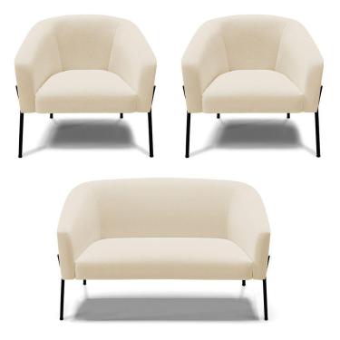 Imagem de Sofá Namoradeira E 2 Poltronas Pé De Ferro Preto Stella Linho Bege A19 D03 - D'rossi