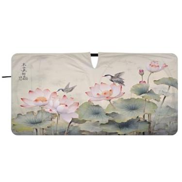 Imagem de Blueangle Guarda-sol para para-brisas florais beija-flores chineses - 149,9 cm x 76,2 cm dobrável para janela dianteira do carro blocos de para-sol raios UV viseira de sol (287)